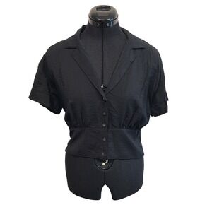 Madewell Black Short Sleeve Button Front Smocked Waist Top Notched Lapel Medium